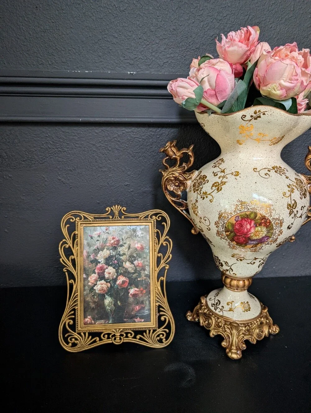 Vintage Ornate Gold Cast Metal Photo Frame w/ VTG style Still Floral Art Print 9